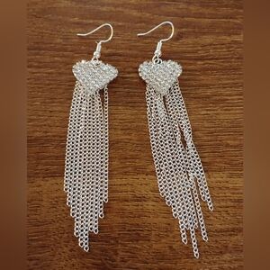 Silver Rhinestone Heart Chain Fringe Statement Dangle Earrings Bling